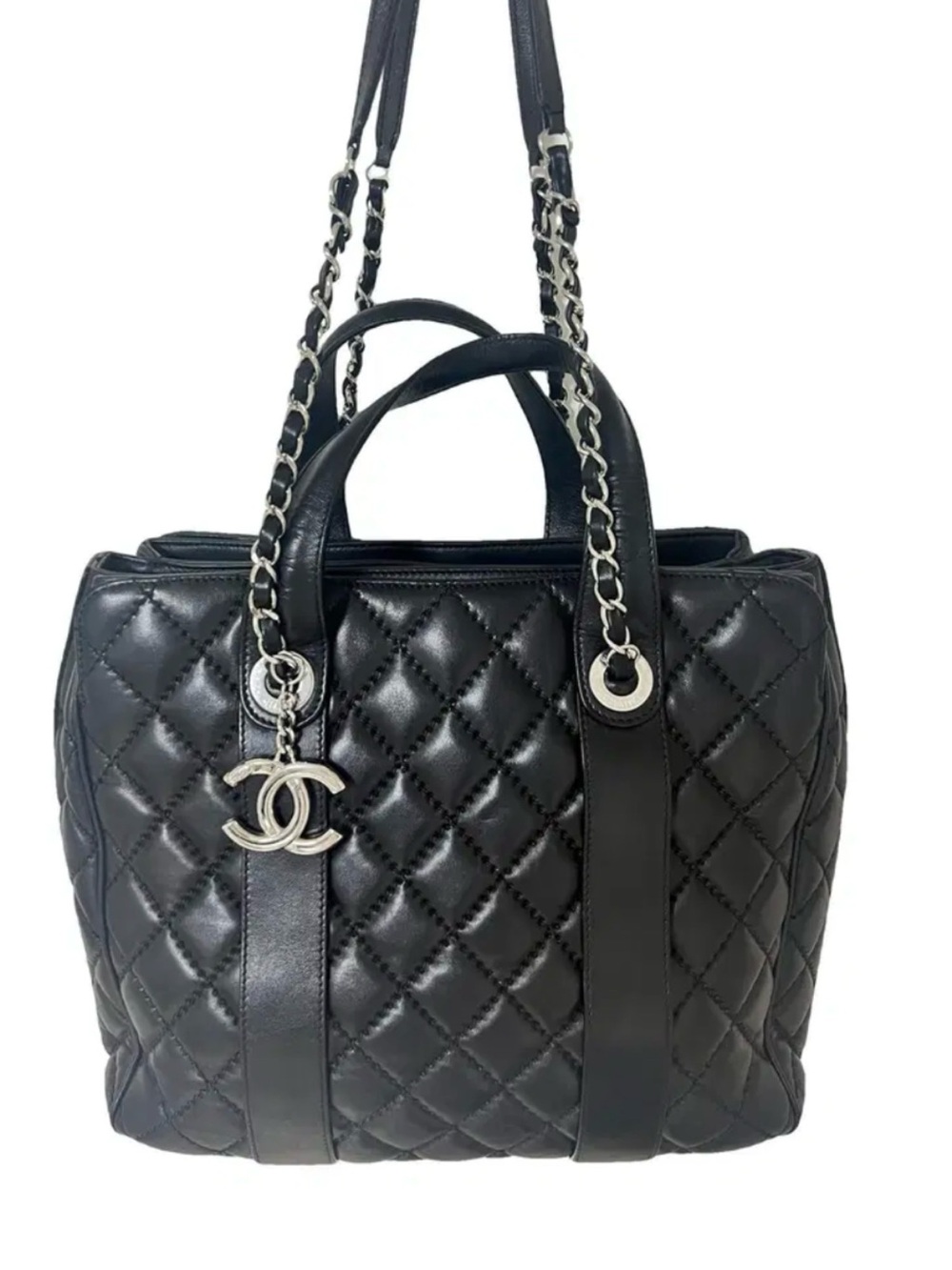 CHANEL Black Quilted Leather Top-Handle Shoulder Bag with CC Charm